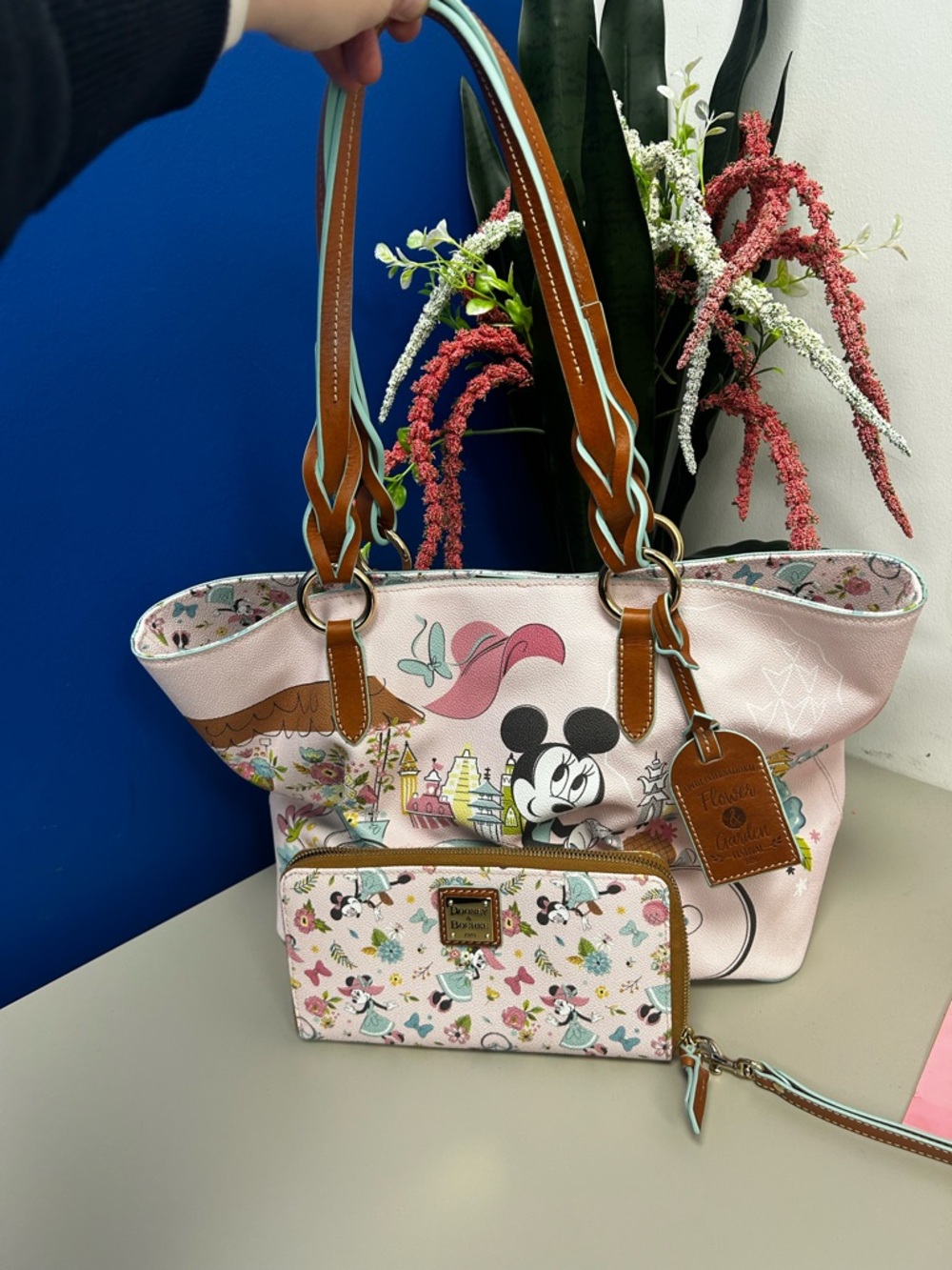 Dooney & Bourke Pink Minnie Mouse Tote with Brown Trim and Matching Wallet